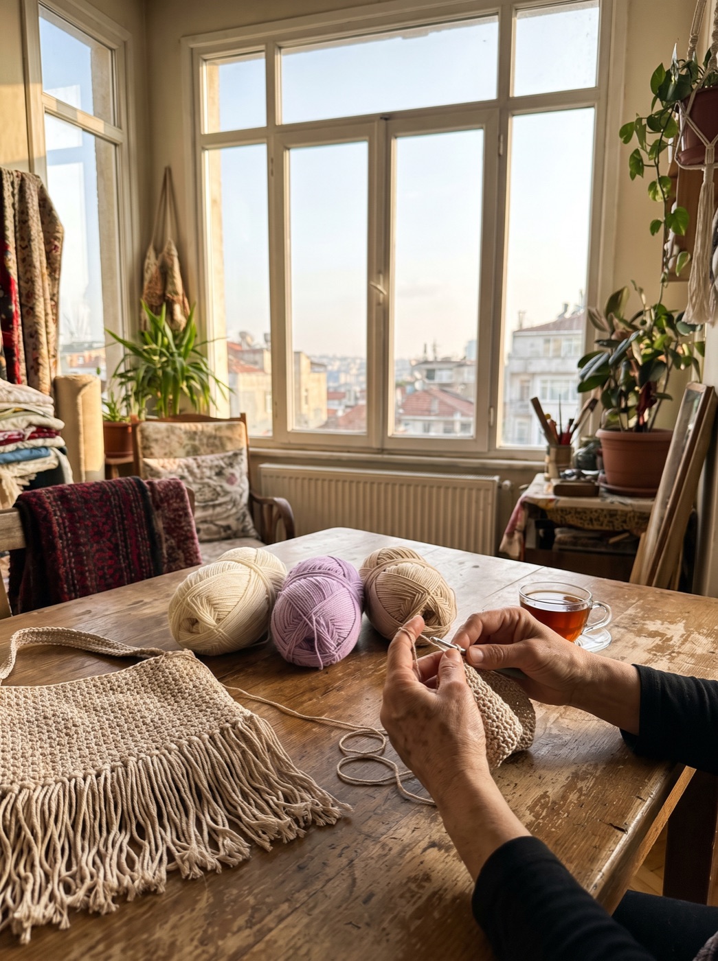 Atölyede kroşe ören eller, İstanbul manzarası